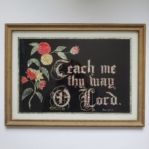 Vintage Tin Foil Folk Art Reverse Painted Psalm 27:11 Religious Picture Antique